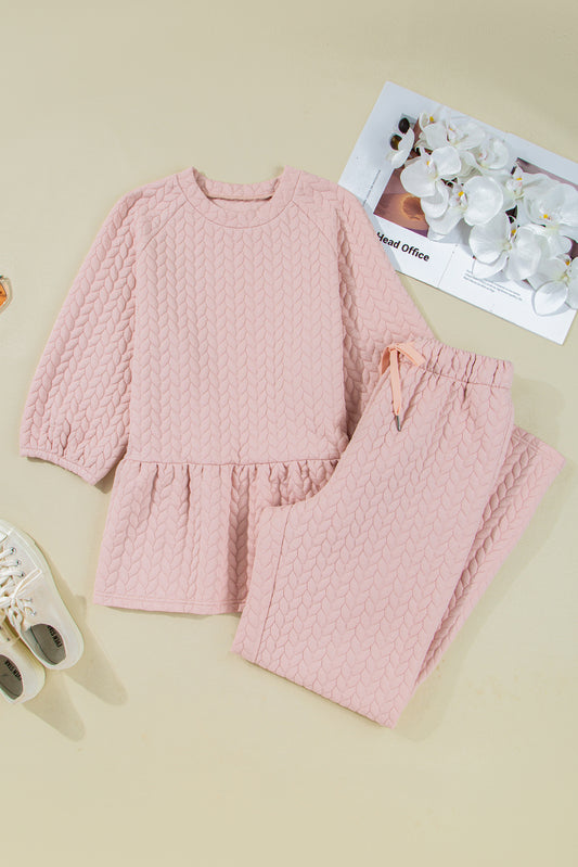 Delicacy Braided Texture Ruffle Hem Top Drawstring Loose Pants Set-Two Piece Sets/Pant Sets-[Adult]-[Female]-2022 Online Blue Zone Planet