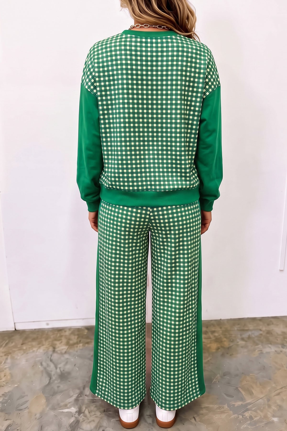 Khaki Color Block Plaid Patchwork Long Sleeve Pullover Wide Leg Pant Set-Two Piece Sets/Pant Sets-[Adult]-[Female]-2022 Online Blue Zone Planet