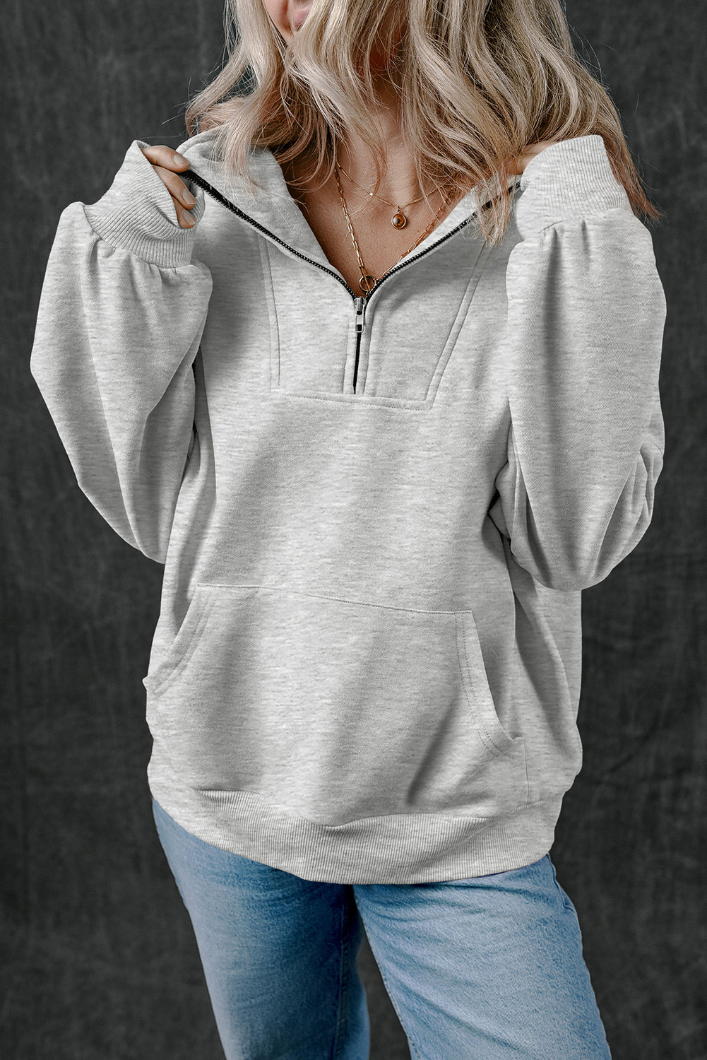 Light Grey Zip-up Stand Neck Kangaroo Pocket Sweatshirt-Tops/Sweatshirts & Hoodies-[Adult]-[Female]-2022 Online Blue Zone Planet