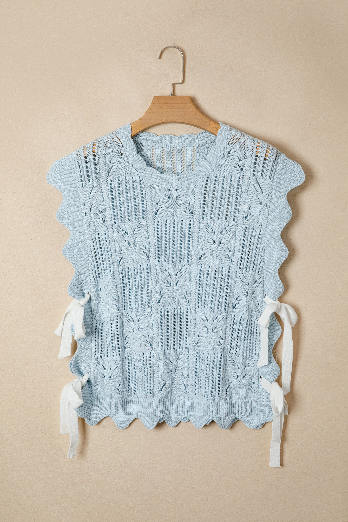 Beau Blue Pointelle Knit Patterned Scalloped Trim Short Sleeve Sweater-TOPS / DRESSES-[Adult]-[Female]-2022 Online Blue Zone Planet