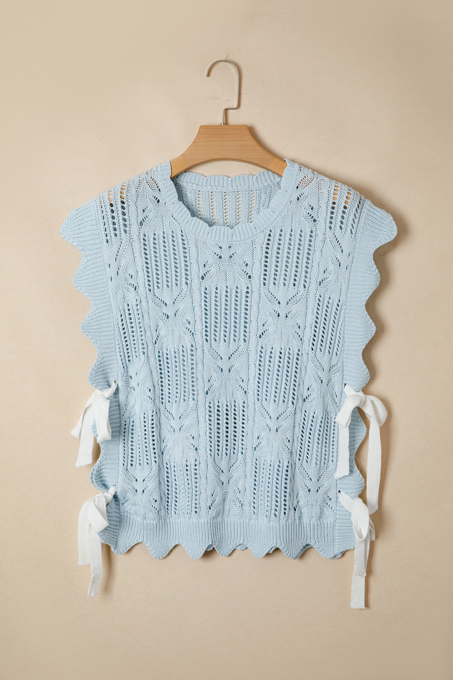 Beau Blue Pointelle Knit Patterned Scalloped Trim Short Sleeve Sweater-TOPS / DRESSES-[Adult]-[Female]-2022 Online Blue Zone Planet