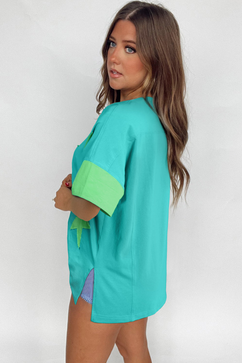 Aruba Blue Frayed Denim Star Patched Oversize T Shirt-Tops/Tops & Tees-[Adult]-[Female]-2022 Online Blue Zone Planet