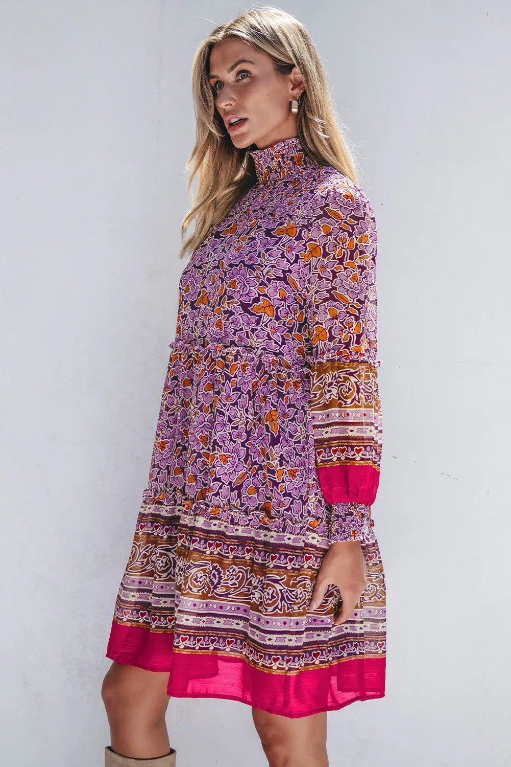 Blue Zone Planet | Smocked Floral Turtleneck Long Sleeve Dress-TOPS / DRESSES-[Adult]-[Female]-2022 Online Blue Zone Planet