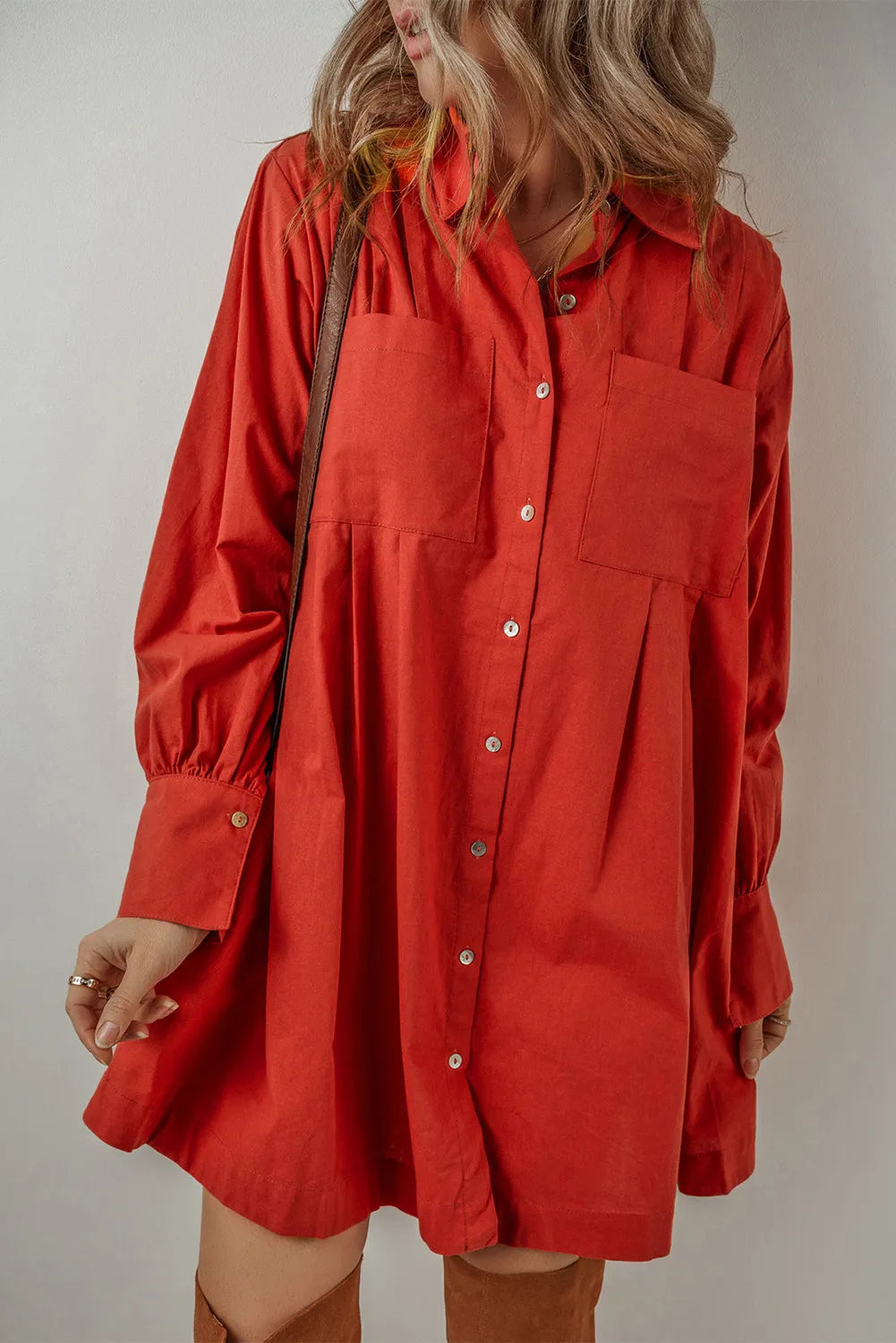 Blue Zone Planet | Pocketed Button Down Long Sleeve Shirt Dress-TOPS / DRESSES-[Adult]-[Female]-Red-S-2022 Online Blue Zone Planet