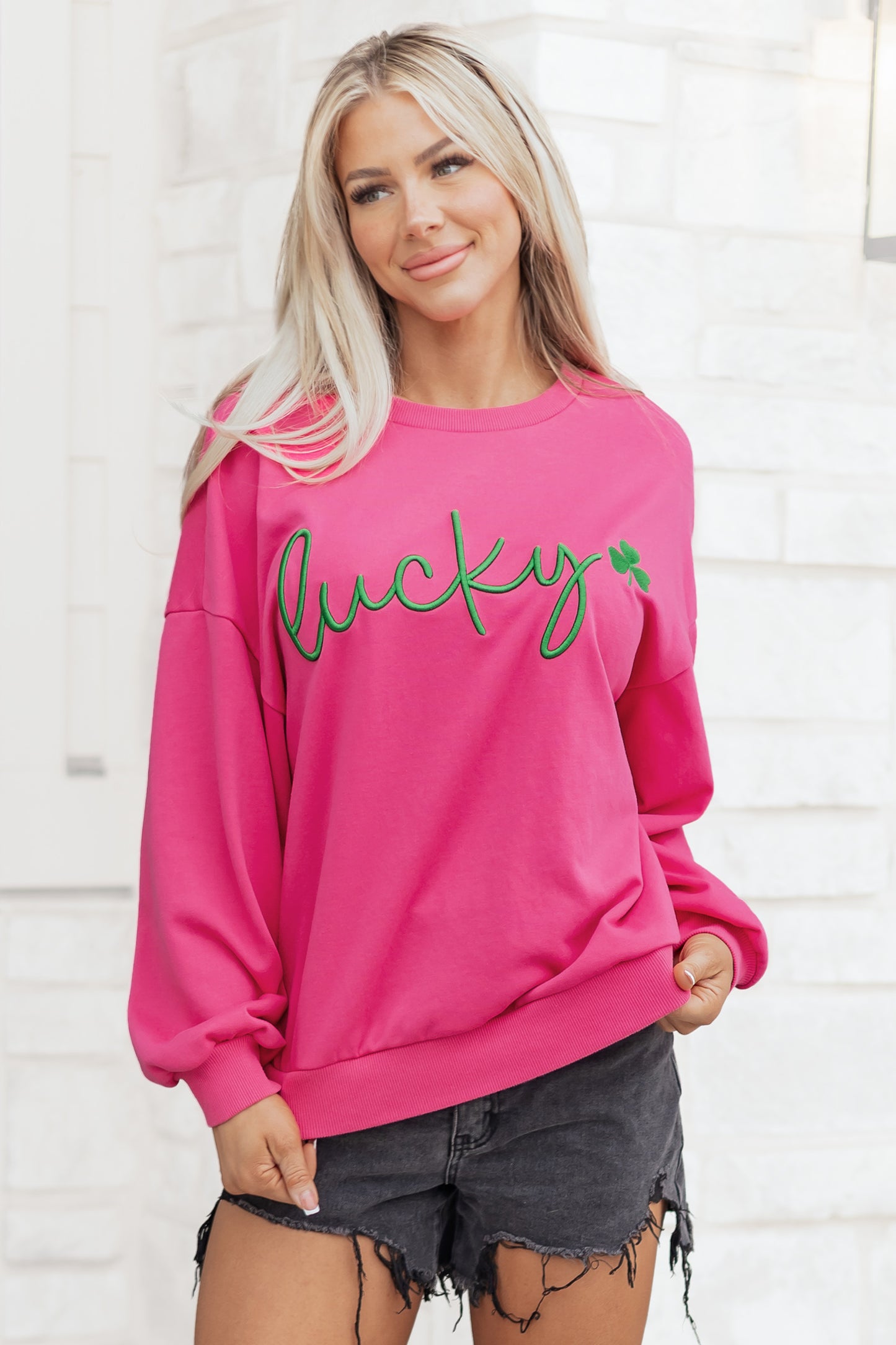 Rose Red Lucky Clover Embroidered Loose Pullover Sweatshirt-Tops/Sweatshirts & Hoodies-[Adult]-[Female]-2022 Online Blue Zone Planet