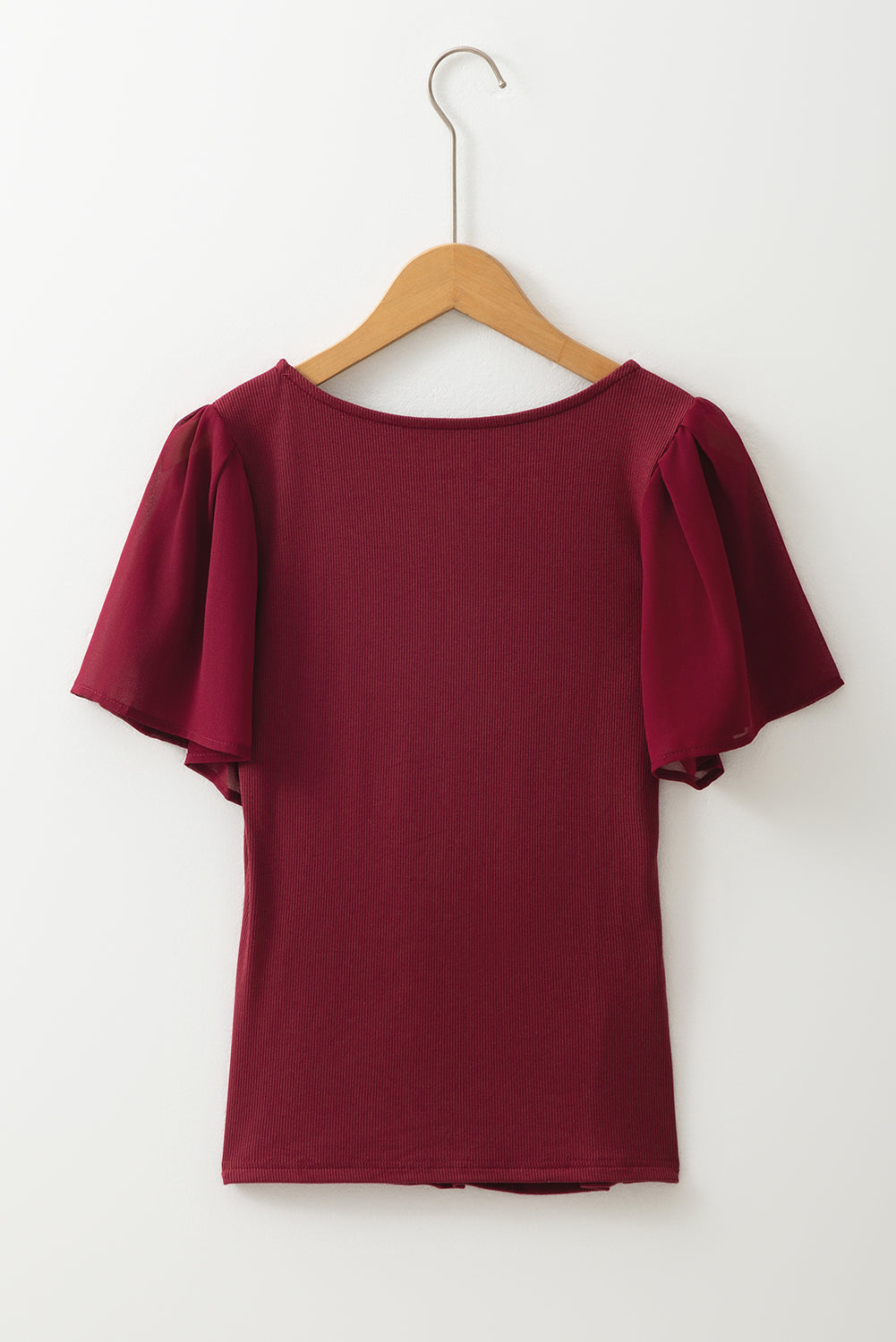 Red Dahlia Mesh Ruffled Sleeve Slim Fit V Neck Top-Tops/Blouses & Shirts-[Adult]-[Female]-2022 Online Blue Zone Planet