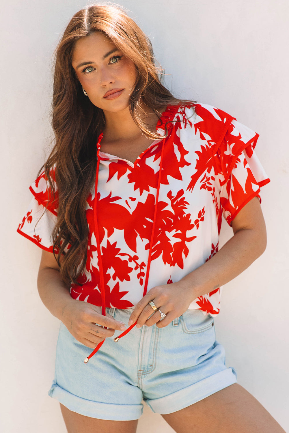 Red Plant Print Tiered Ruffled Sleeve V Neck Blouse-Tops/Blouses & Shirts-[Adult]-[Female]-2022 Online Blue Zone Planet