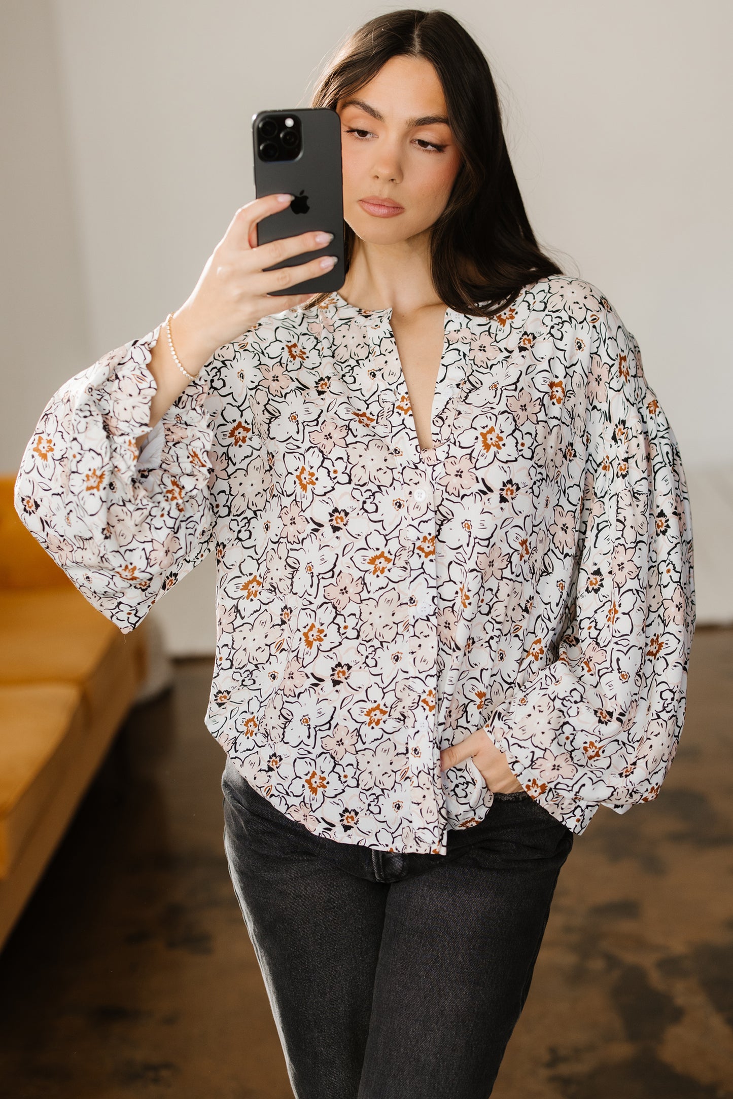 Khaki Bold Floral Print Frilled Puff Sleeve Button Down Shirt-Tops/Blouses & Shirts-[Adult]-[Female]-2022 Online Blue Zone Planet