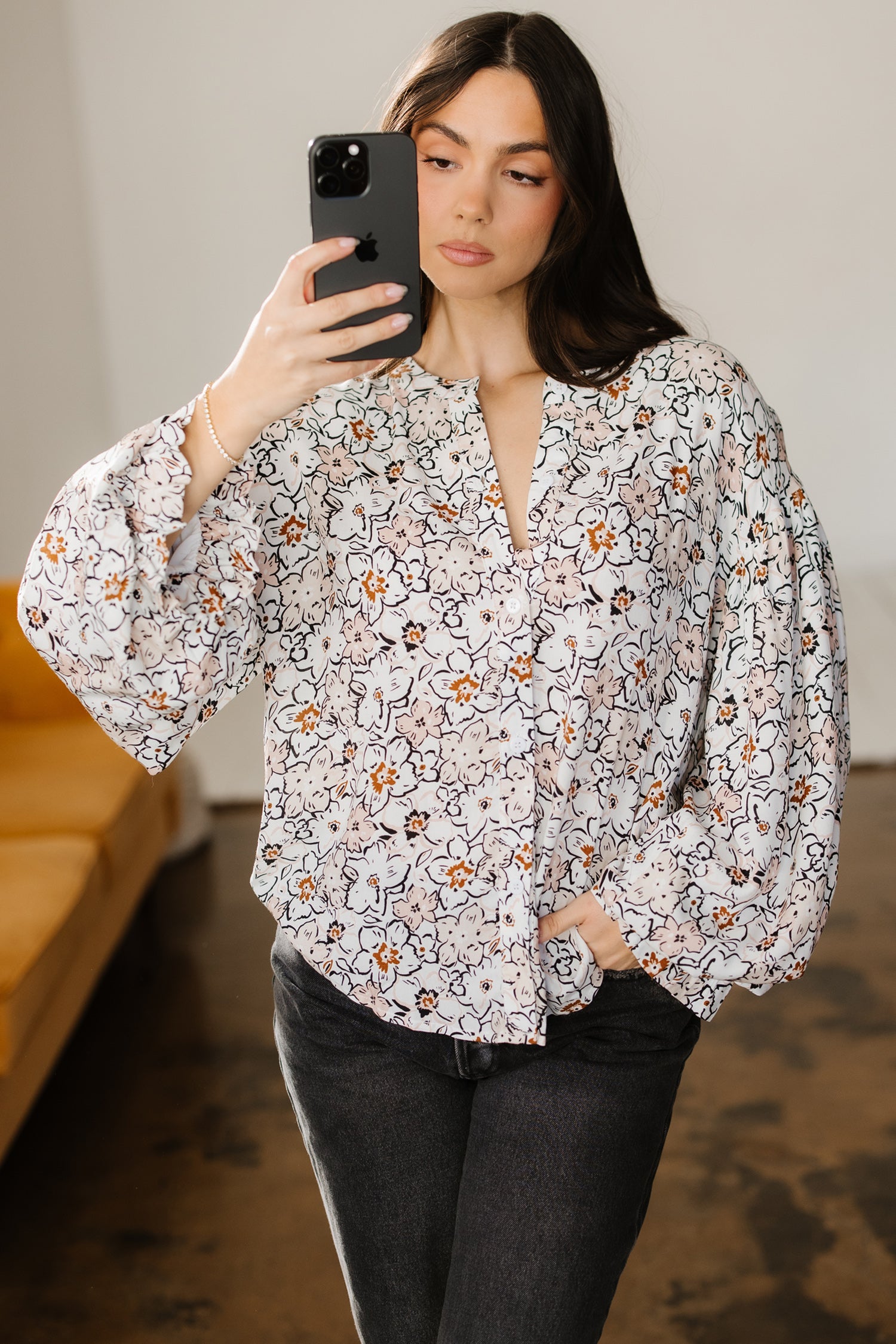 Khaki Bold Floral Print Frilled Puff Sleeve Button Down Shirt-Tops/Blouses & Shirts-[Adult]-[Female]-2022 Online Blue Zone Planet