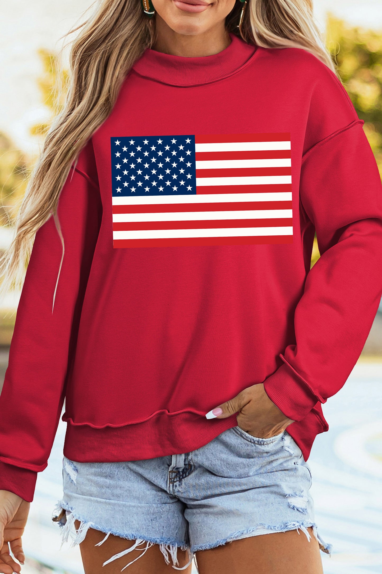 Racing Red American Flag/ USA Double Side Print Reversible Mock Neck Sweatshirt-Graphic/Graphic Sweatshirts-[Adult]-[Female]-2022 Online Blue Zone Planet