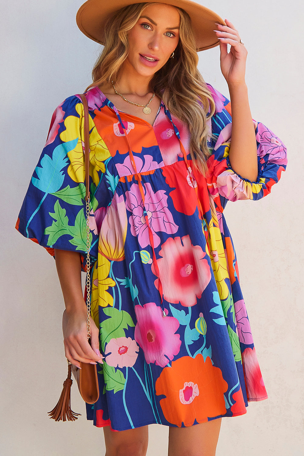 Rose Floral Print Split Neck Babydoll Dress-Dresses/Floral Dresses-[Adult]-[Female]-Dark Blue-S-2022 Online Blue Zone Planet