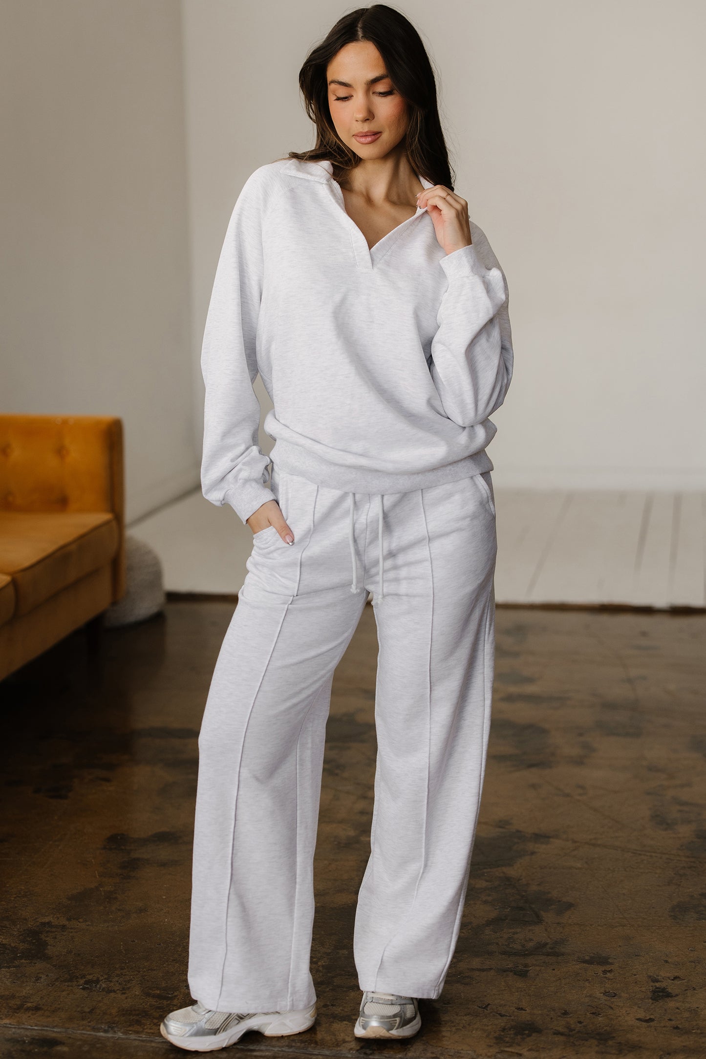 Dark Khaki Polo Collar V Neck Pullover and Drawstring Sweatpants Set-Two Piece Sets/Pant Sets-[Adult]-[Female]-2022 Online Blue Zone Planet
