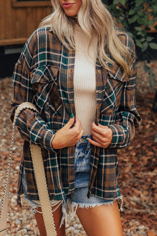 Brown Plaid Print Chest Pockets Buttoned Shacket-Jackets-[Adult]-[Female]-Brown-S-2022 Online Blue Zone Planet