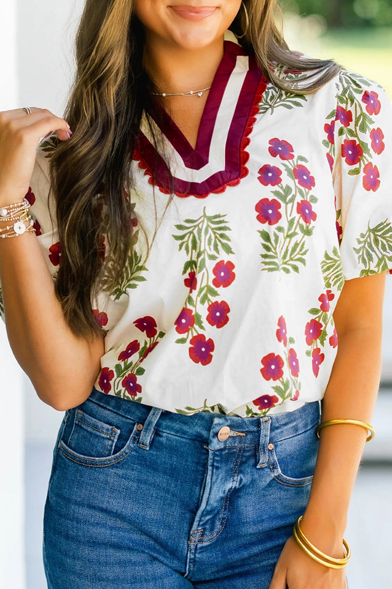 White Floral Short Bubble Sleeve Contrast Slit Neckline Blouse-Tops/Blouses & Shirts-[Adult]-[Female]-White-S-2022 Online Blue Zone Planet