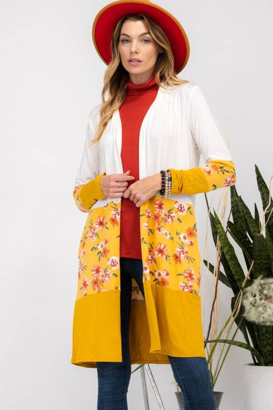 Blue Zone Planet | Celeste Full Size Floral Color Block Open Front Cardigan-TOPS / DRESSES-[Adult]-[Female]-Ivory/Mustard-S-2022 Online Blue Zone Planet