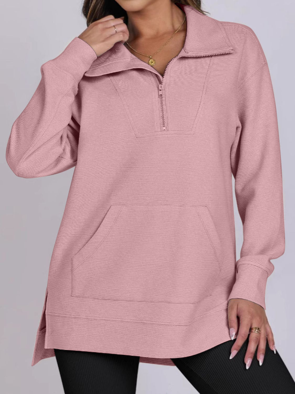 Blue Zone Planet | ฺHigh-Low Quarter Zip Long Sleeve Sweatshirt-TOPS / DRESSES-[Adult]-[Female]-Blush Pink-S-2022 Online Blue Zone Planet