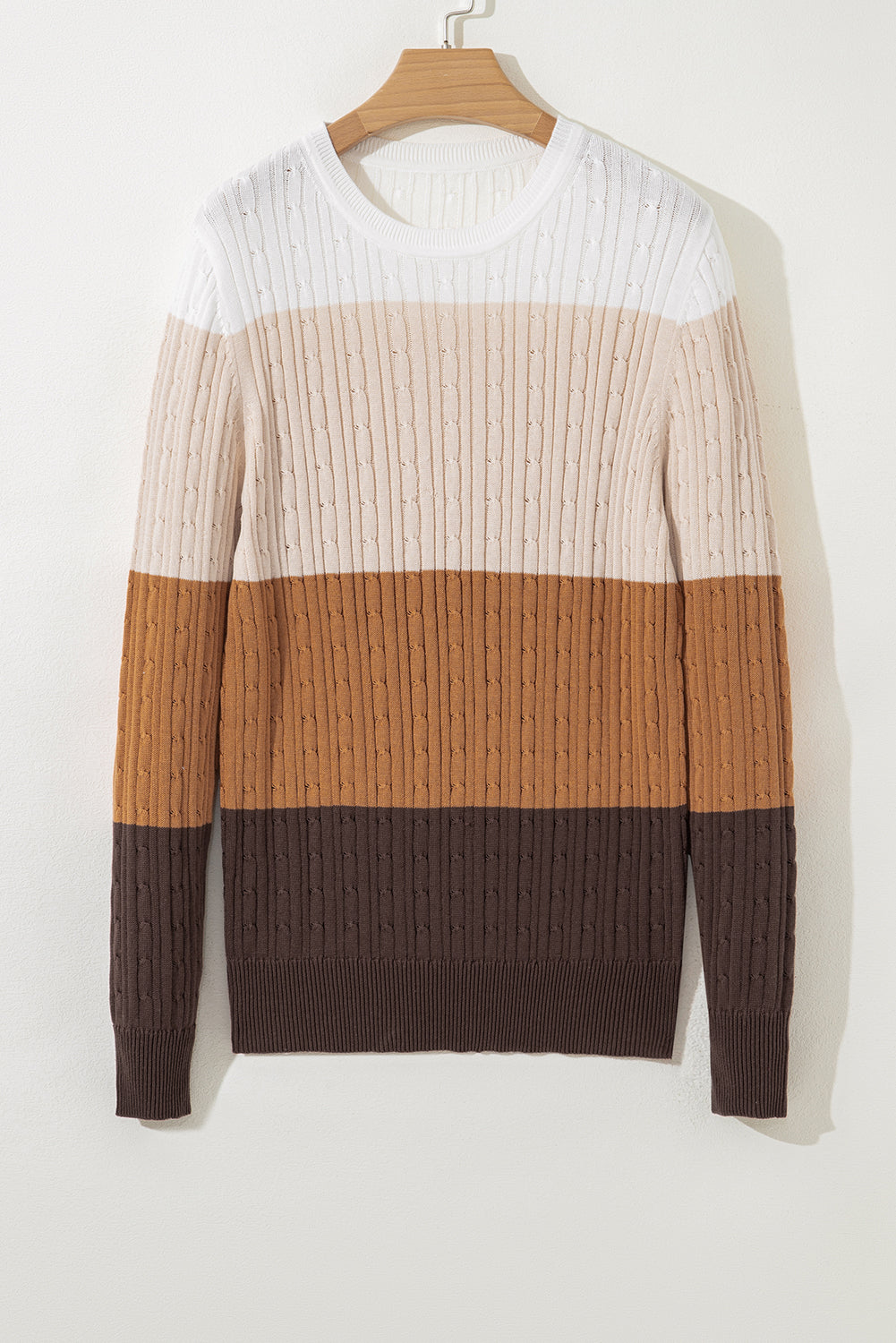 Khaki Colorblock Cable Knit Round Neck Sweater-TOPS / DRESSES-[Adult]-[Female]-2022 Online Blue Zone Planet