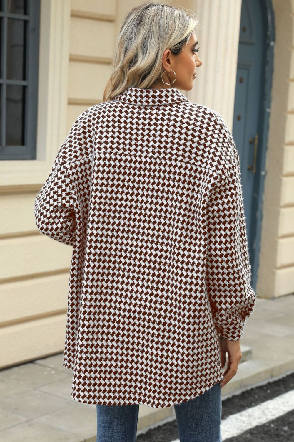 Houndstooth Button Up Dropped Shoulder Coat-TOPS / DRESSES-[Adult]-[Female]-2022 Online Blue Zone Planet