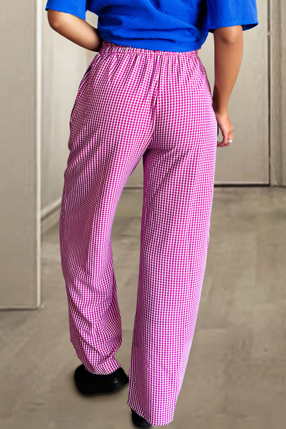Blue Zone Planet | Pink Plaid Print Drawstring High Waist Wide Leg Casual Pants-Bottoms/Pants & Culotte-[Adult]-[Female]-2022 Online Blue Zone Planet