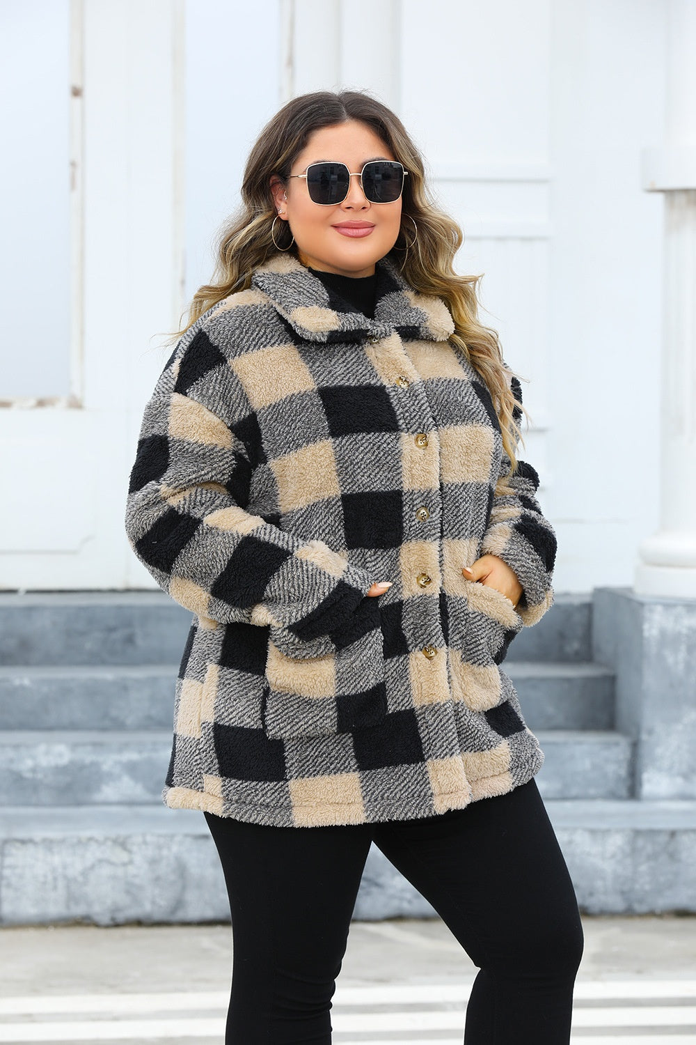 Blue Zone Planet | Plus Size Plaid Button Up Long Sleeve Coat-TOPS / DRESSES-[Adult]-[Female]-2022 Online Blue Zone Planet