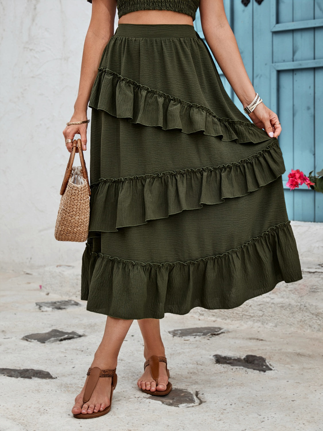 Ruffled Elastic Waist Midi Skirt-BOTTOMS SIZES SMALL MEDIUM LARGE-[Adult]-[Female]-2022 Online Blue Zone Planet