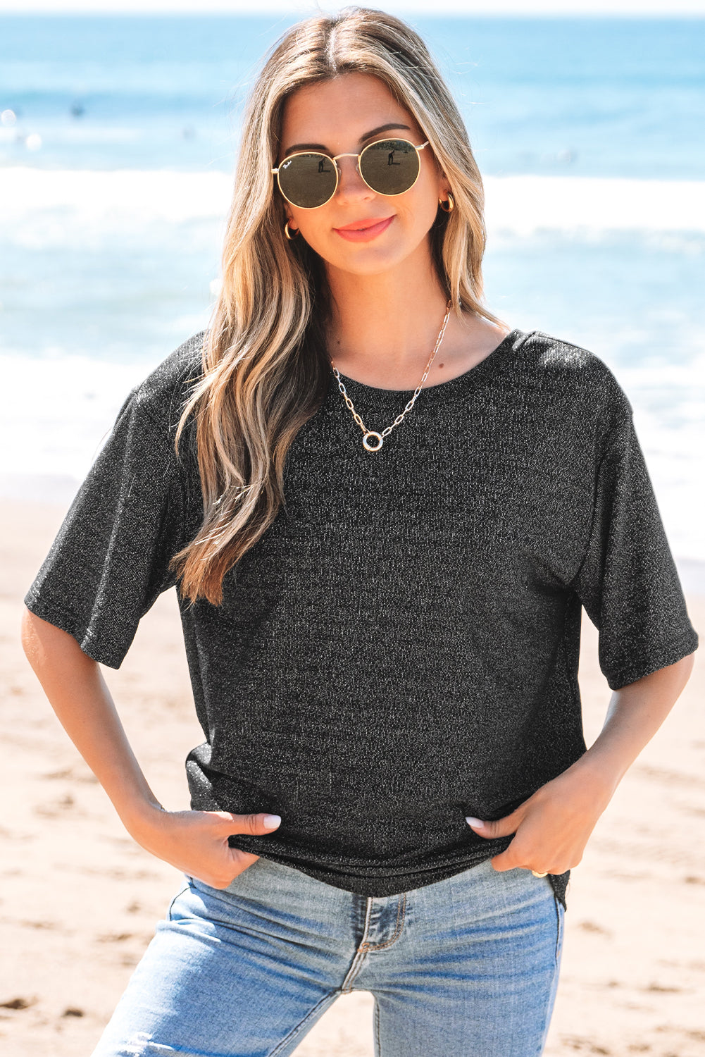 Black Bow Decor Glittery Short Sleeve Top-Tops/Tops & Tees-[Adult]-[Female]-2022 Online Blue Zone Planet