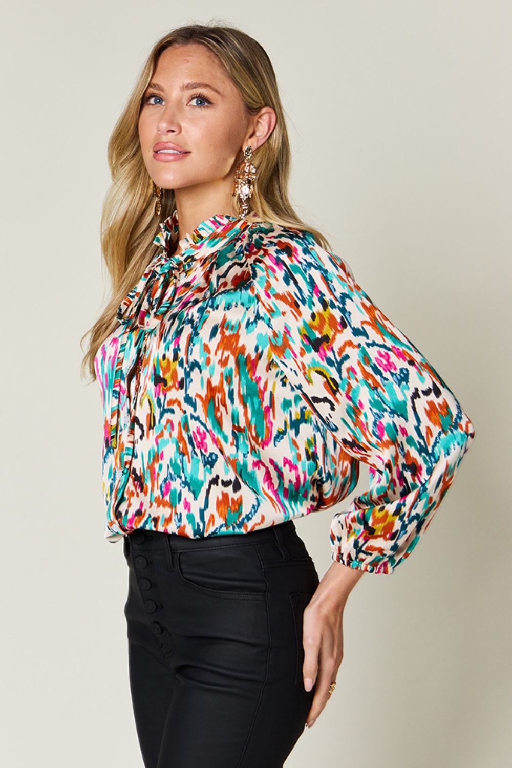 Double Take Full Size Printed Button Up Long Sleeve Shirt-TOPS / DRESSES-[Adult]-[Female]-2022 Online Blue Zone Planet