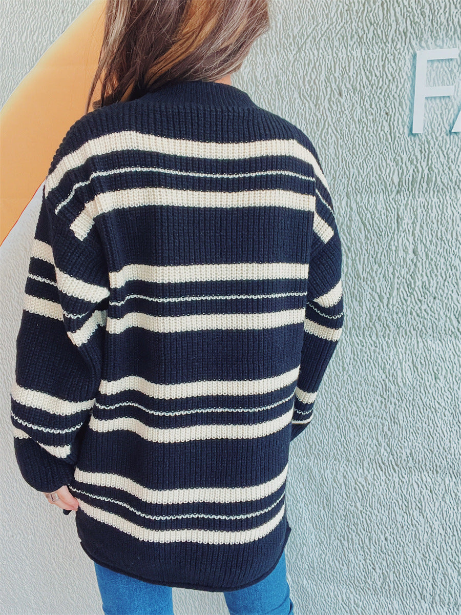 Blue Zone Planet | Striped Round Neck Long Sleeve Sweater-TOPS / DRESSES-[Adult]-[Female]-2022 Online Blue Zone Planet