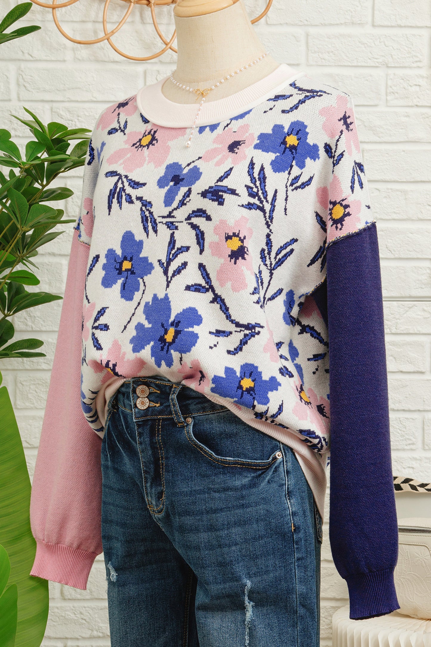 Khaki Floral Panel Colorblock Sleeve Patchwork Sweater-TOPS / DRESSES-[Adult]-[Female]-2022 Online Blue Zone Planet