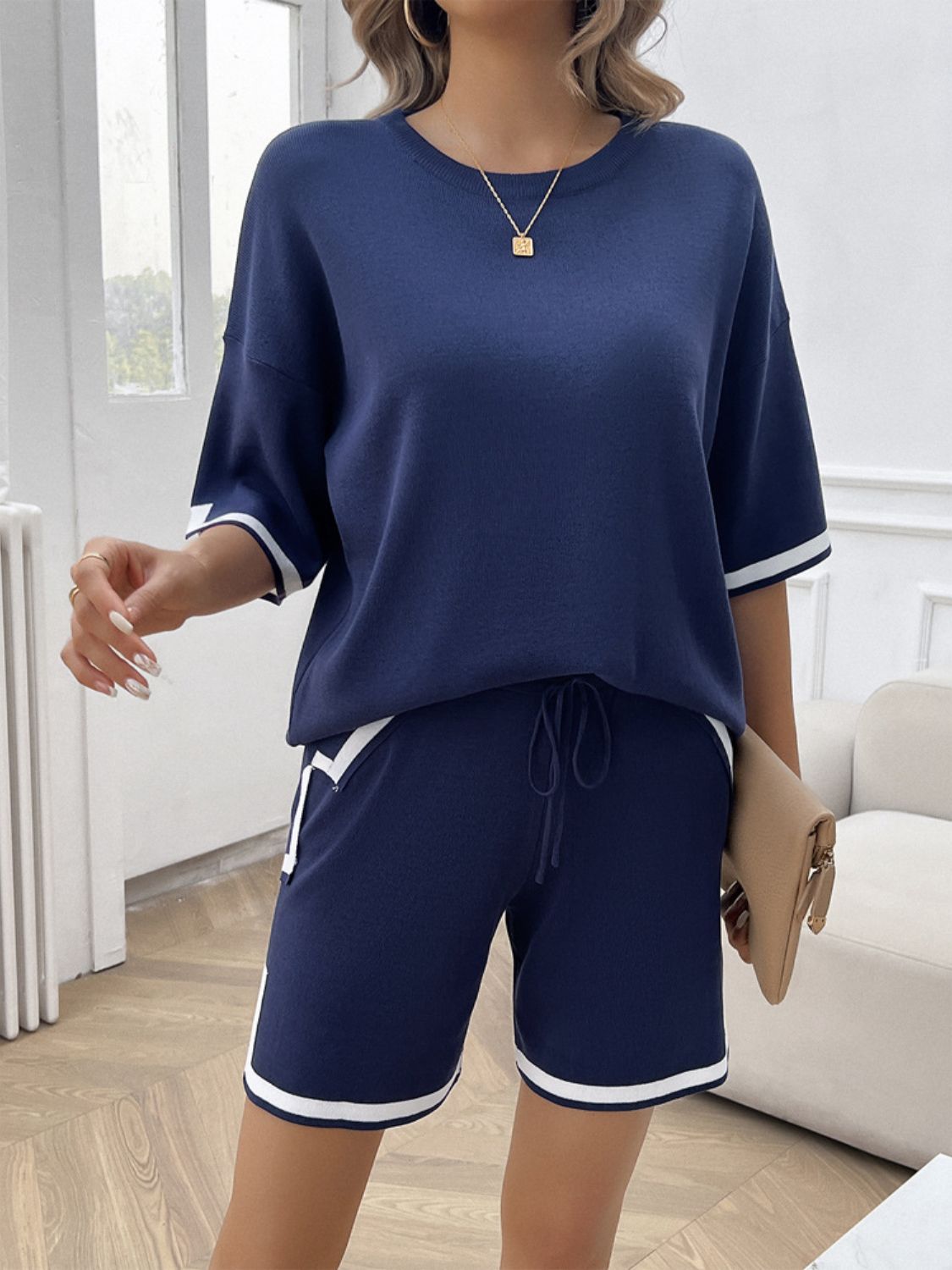 Blue Zone Planet | Devine Contrast Trim Round Neck Top and Shorts Set-TOPS / DRESSES-[Adult]-[Female]-2022 Online Blue Zone Planet