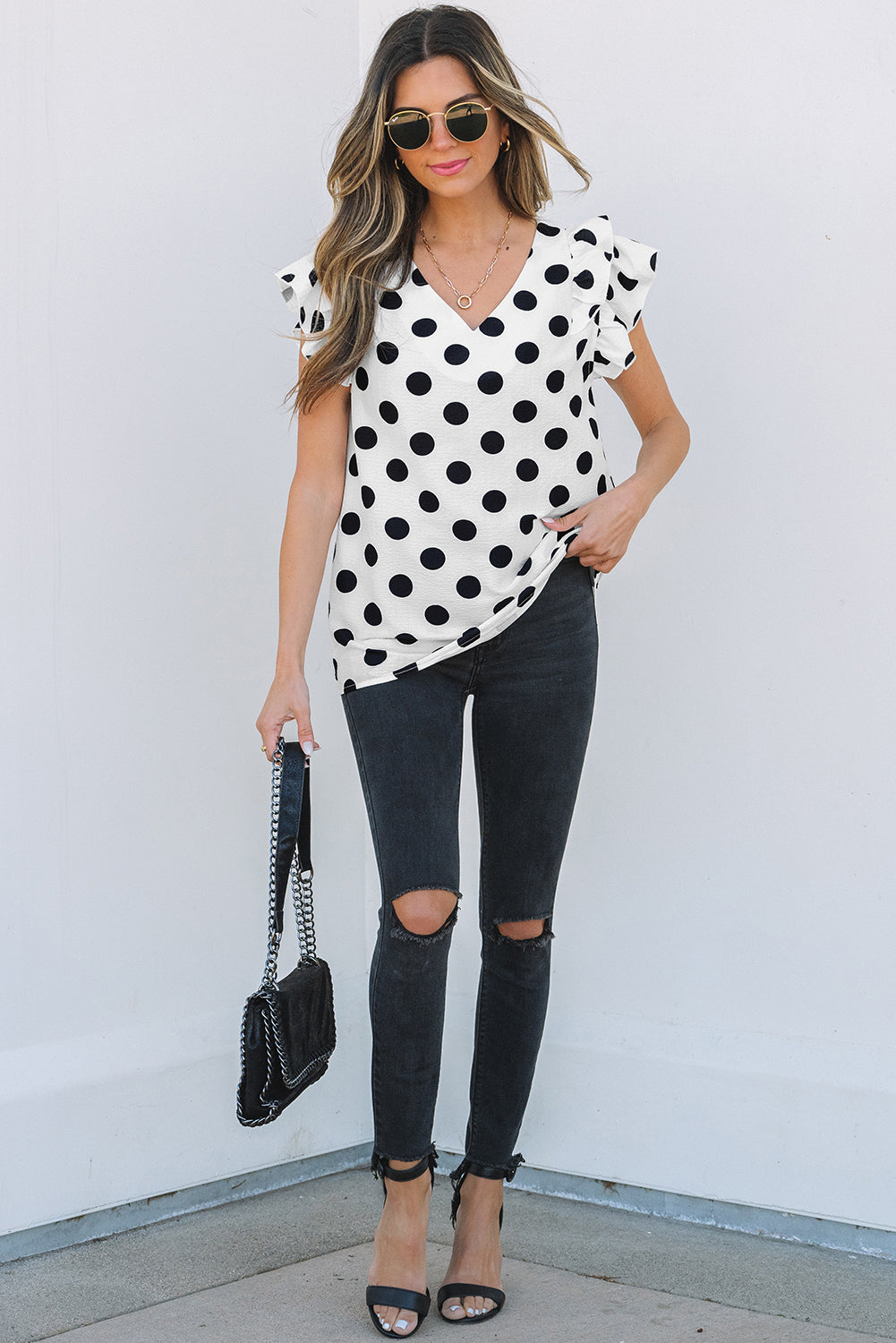 White Polka Dot Print Ruffled Sleeve V Neck Blouse-Tops/Blouses & Shirts-[Adult]-[Female]-2022 Online Blue Zone Planet