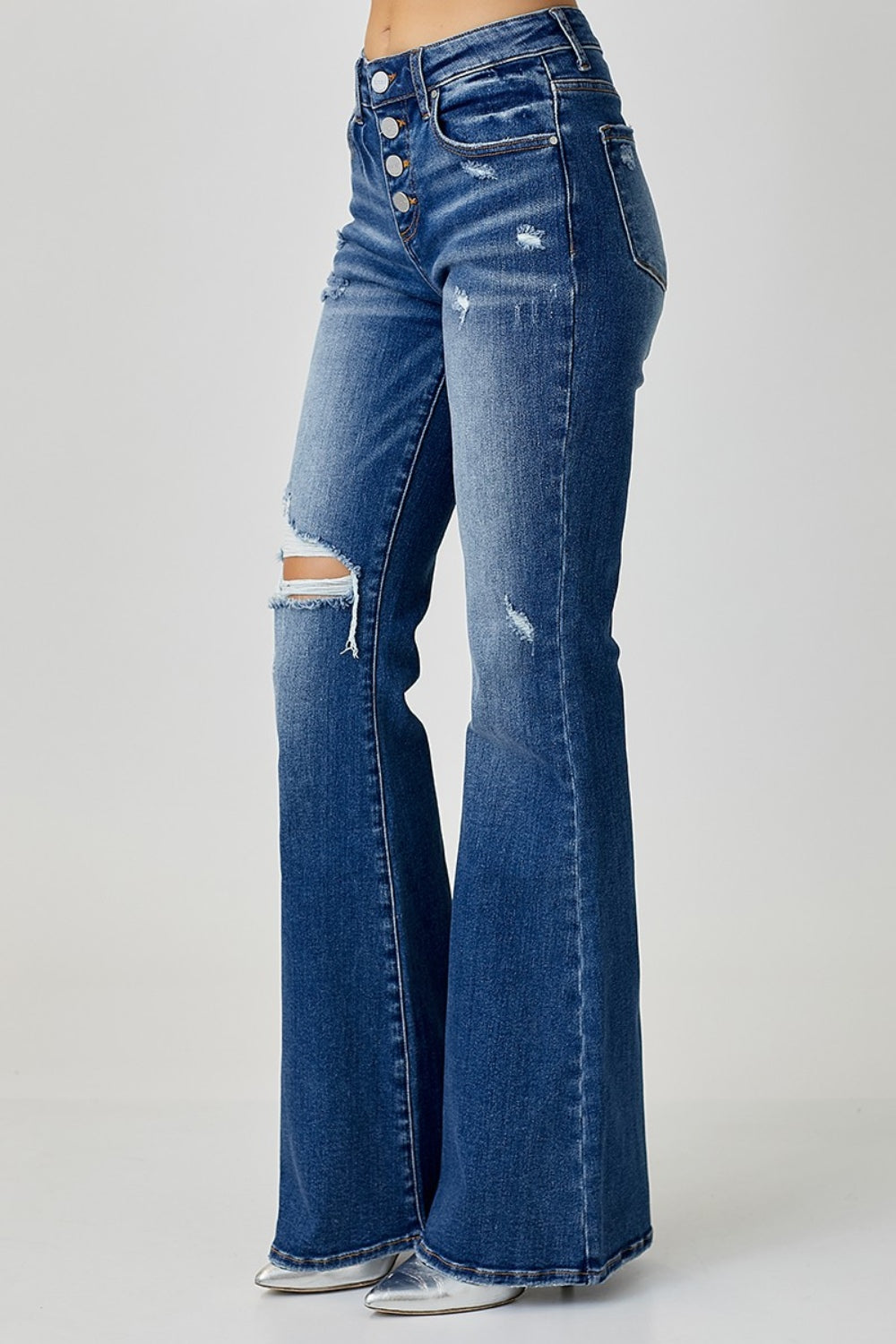 RISEN Distressed Button-Fly Flare Jeans-BOTTOMS SIZES SMALL MEDIUM LARGE-[Adult]-[Female]-2022 Online Blue Zone Planet