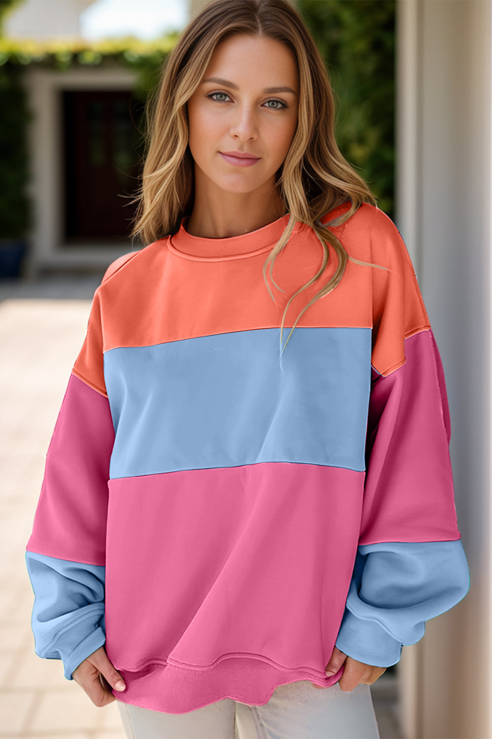 Blue Zone Planet | Color Block Round Neck Long Sleeve Sweatshirt-TOPS / DRESSES-[Adult]-[Female]-Light Blue-S-2022 Online Blue Zone Planet