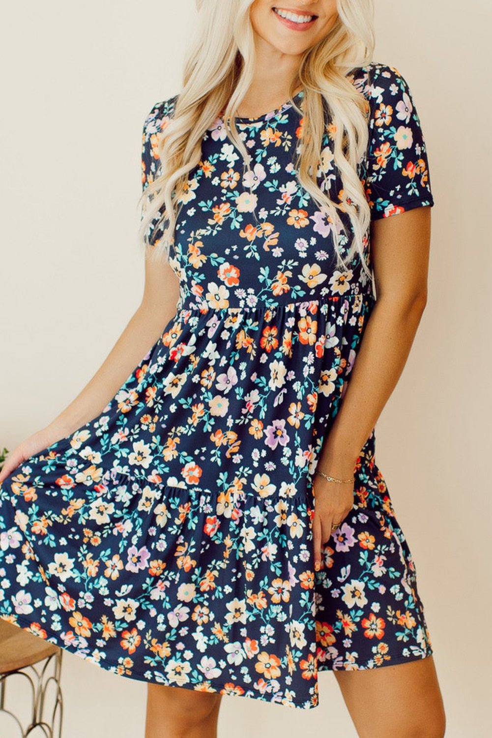 Blue Zone Planet |  Blue Short Sleeve A-line Floral Dress Blue Zone Planet