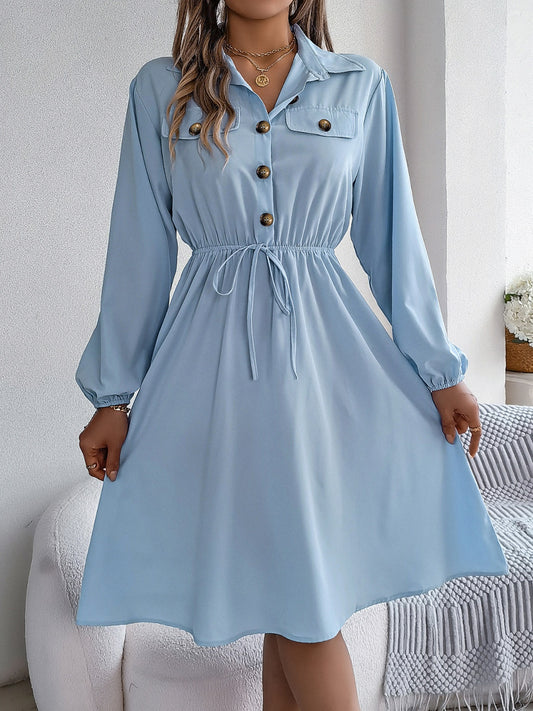 Blue Zone Planet | Collared Neck Long Sleeve Dress with Pockets-TOPS / DRESSES-[Adult]-[Female]-Light Blue-S-2022 Online Blue Zone Planet