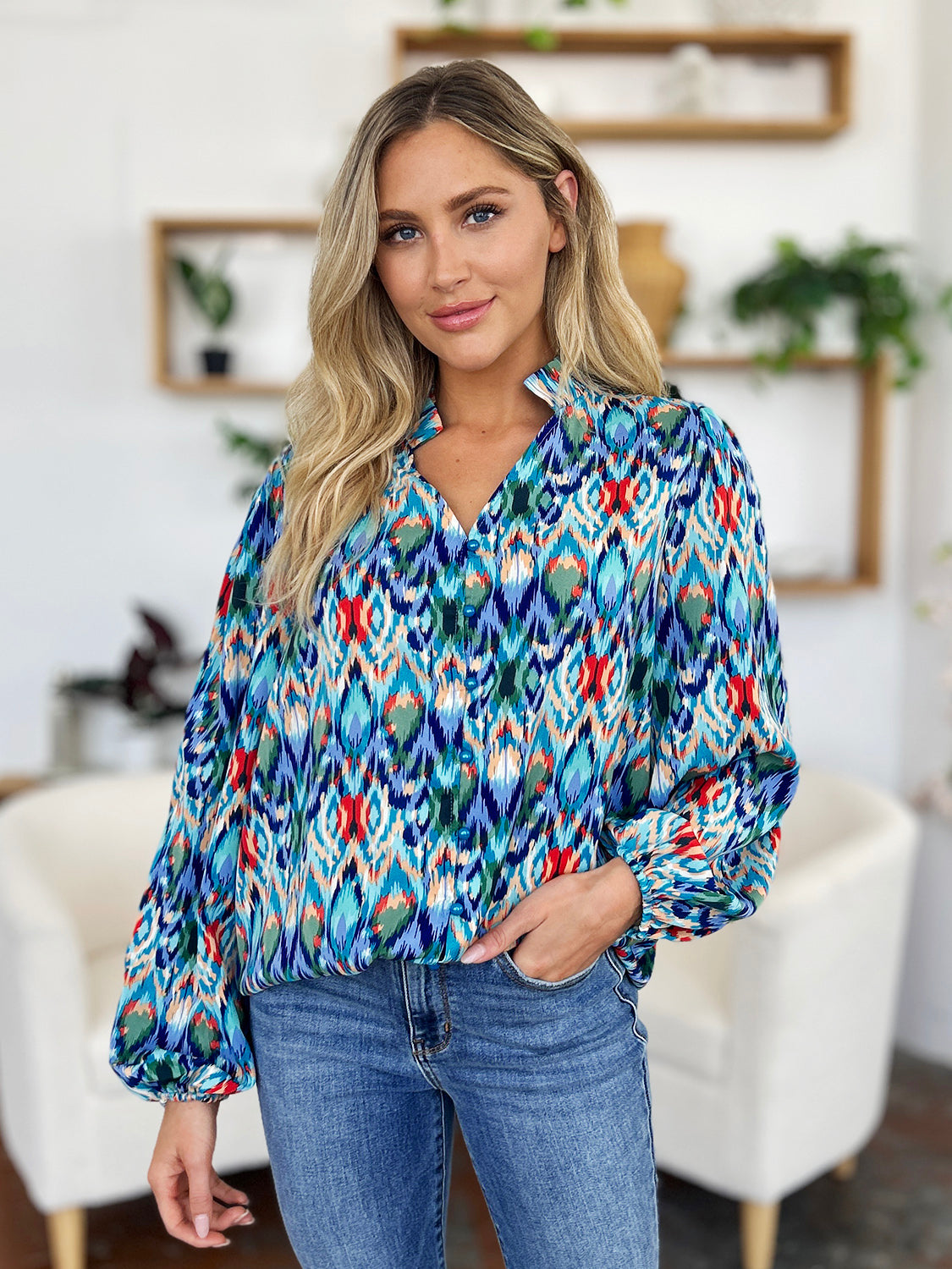 Blue Zone Planet | Double Take Full Size Printed Balloon Sleeve Blouse-TOPS / DRESSES-[Adult]-[Female]-2022 Online Blue Zone Planet