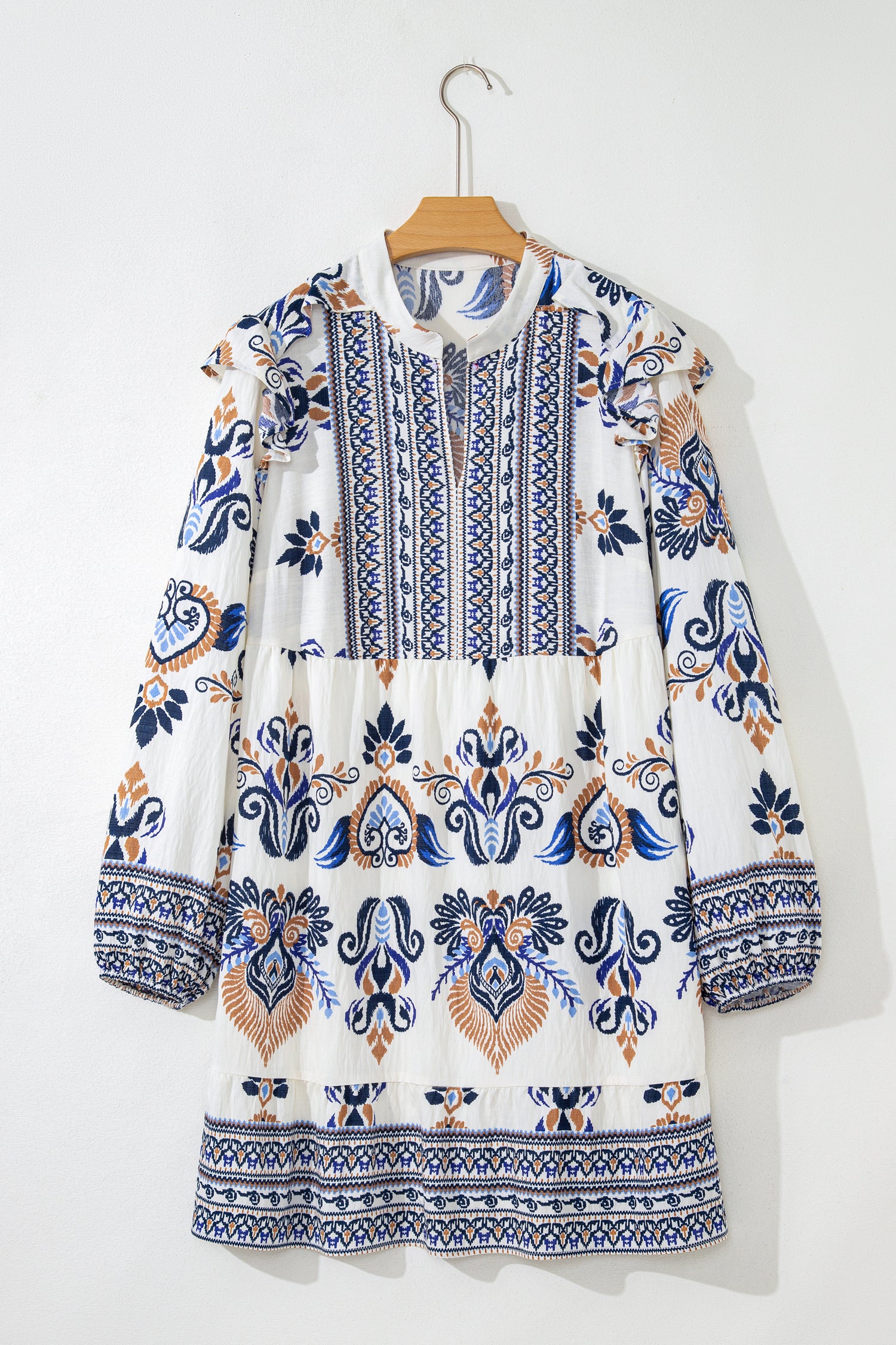 Sky Blue Plus Size Boho Print Split Neck Long Sleeve Mini Dress-TOPS / DRESSES-[Adult]-[Female]-2022 Online Blue Zone Planet