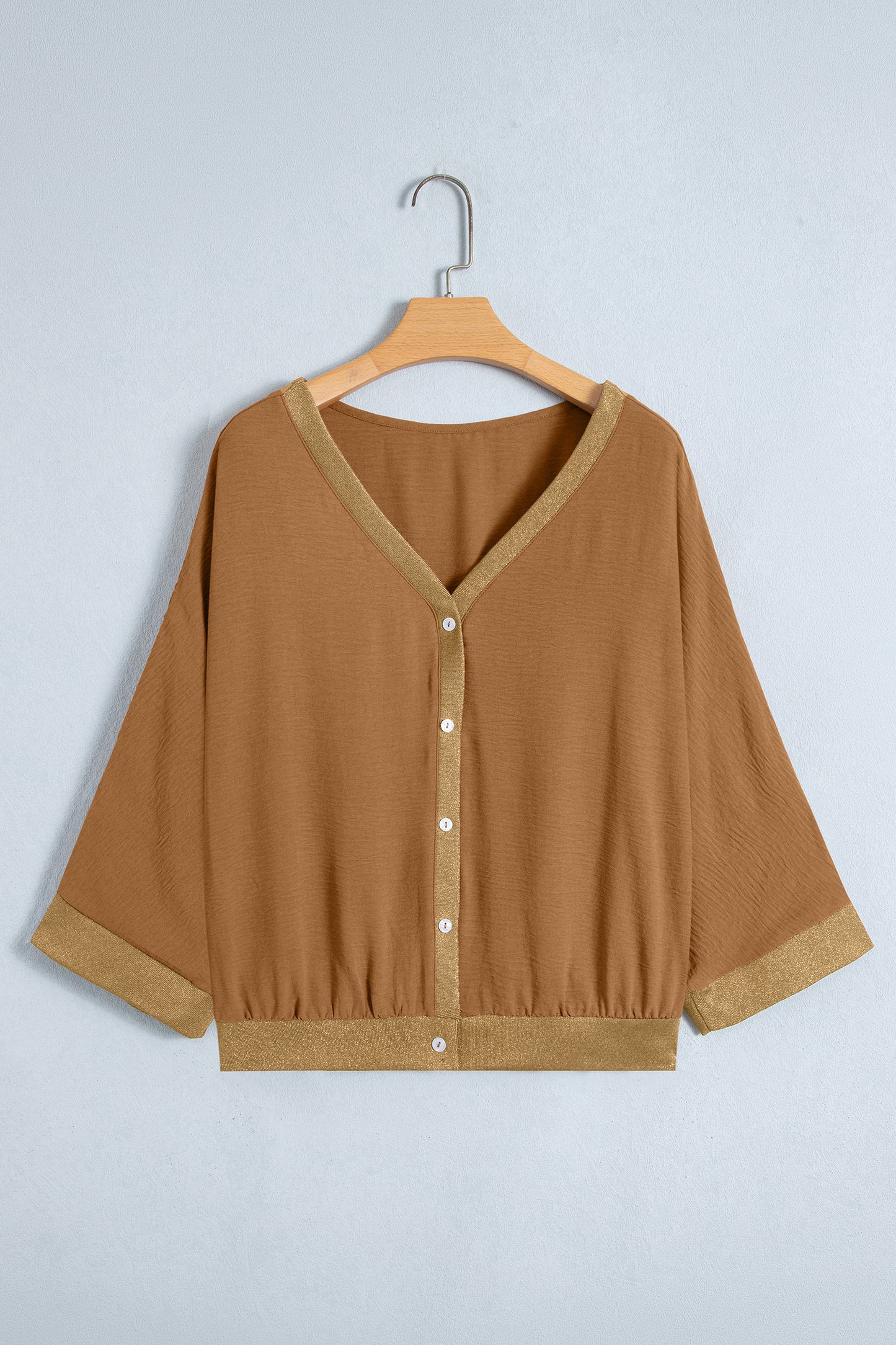 Brown V Neck Glitter Trim Patchwork Button-Front Blouse-Tops/Blouses & Shirts-[Adult]-[Female]-2022 Online Blue Zone Planet