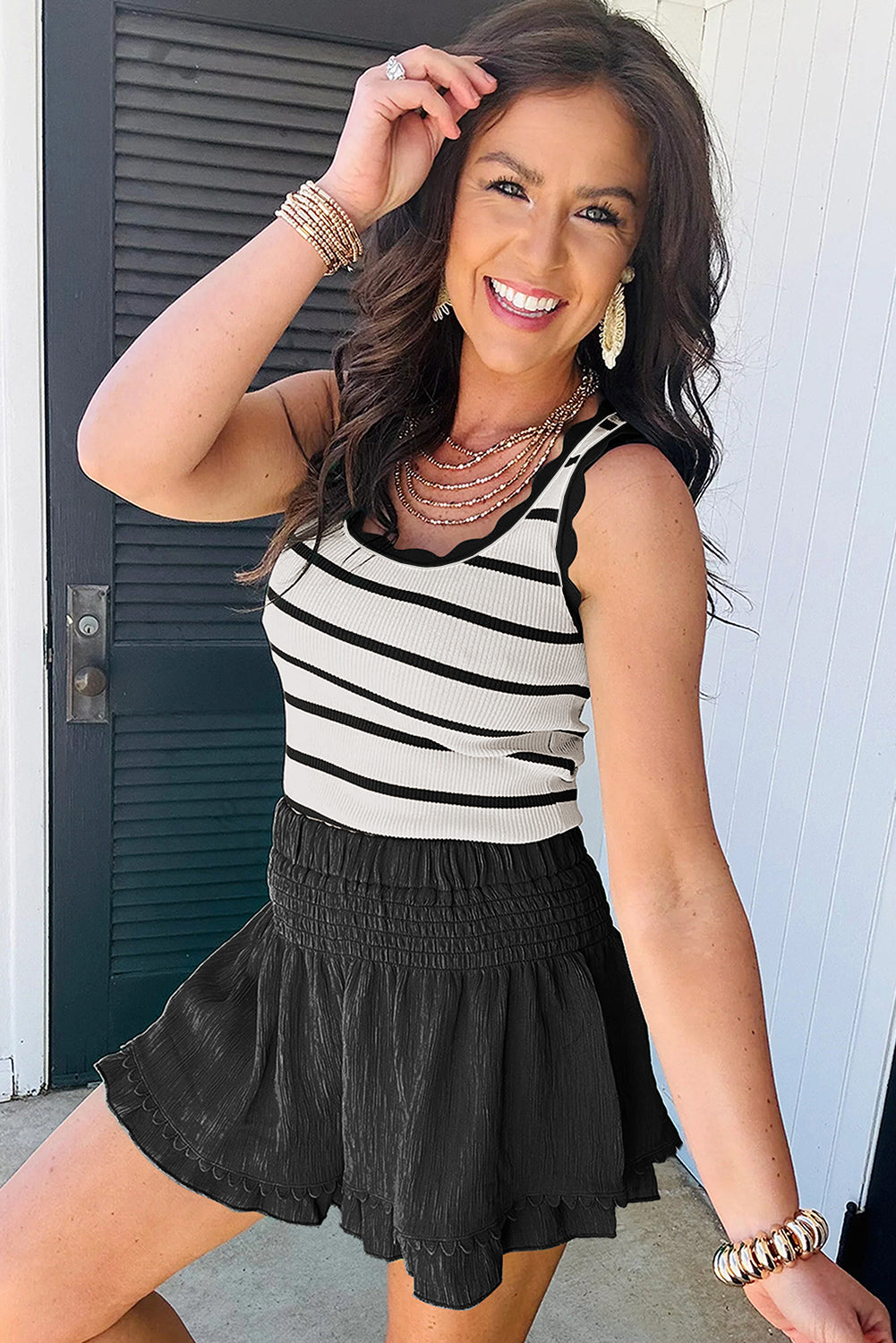 Black Striped Scalloped Edge U Neck Sleeveless Sweater Vest-TOPS / DRESSES-[Adult]-[Female]-2022 Online Blue Zone Planet