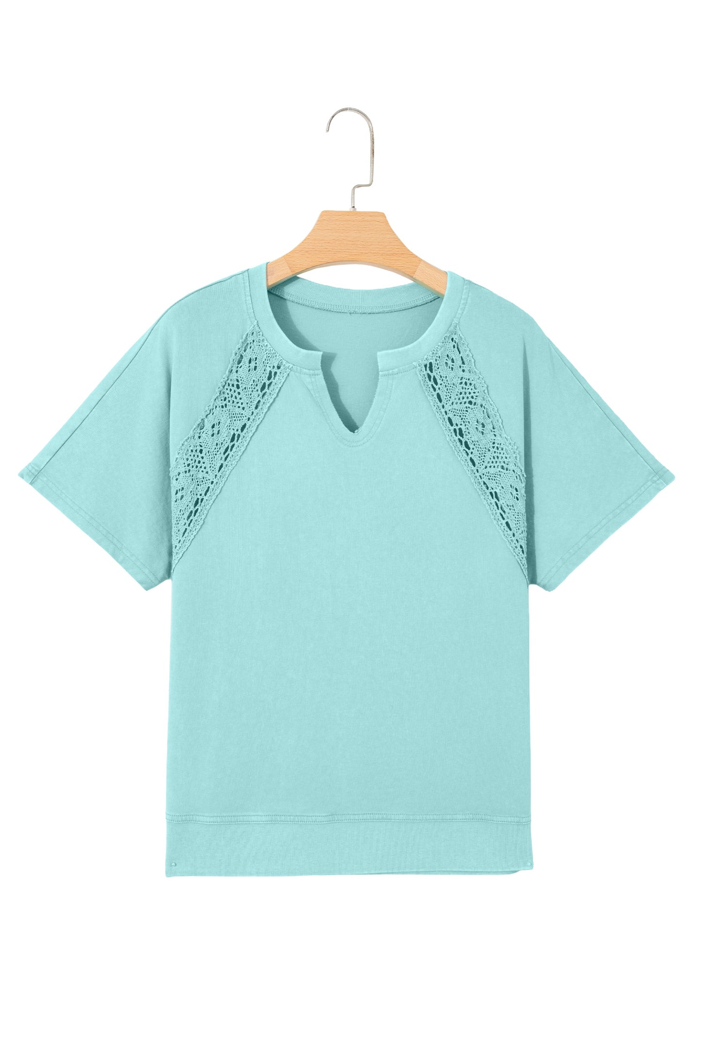 Mint Green Raw Cut Notched Neck Lace Patchwork Detail Mineral Wash Tee-Tops/Tops & Tees-[Adult]-[Female]-2022 Online Blue Zone Planet