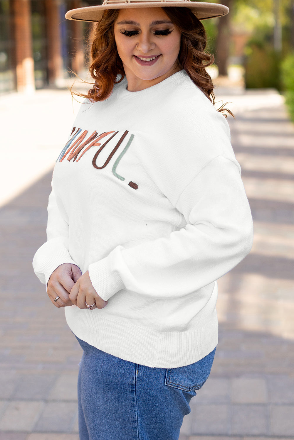 Blue Zone Planet | White Plus Size Thankful Ivory Embroidered Sweater-Plus Size/Plus Size Sweaters & Cardigans-[Adult]-[Female]-2022 Online Blue Zone Planet