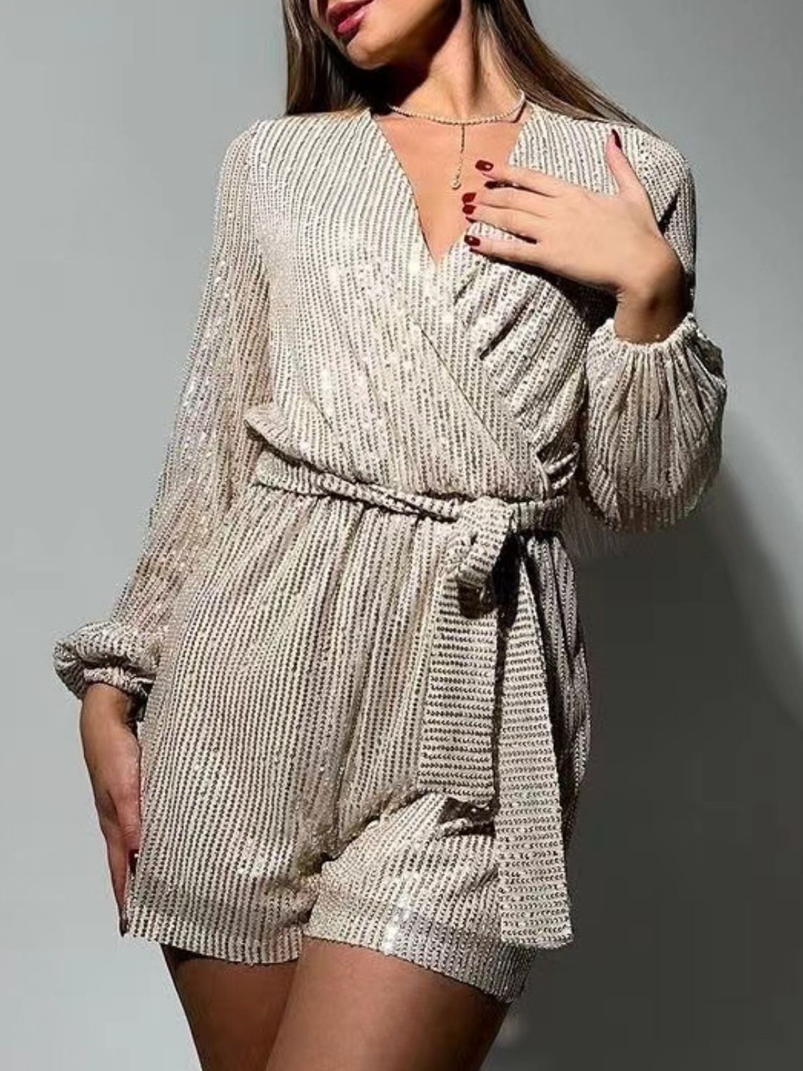 Full Size Sequin Surplice Tie Waist Long Sleeve Romper-TOPS / DRESSES-[Adult]-[Female]-2022 Online Blue Zone Planet