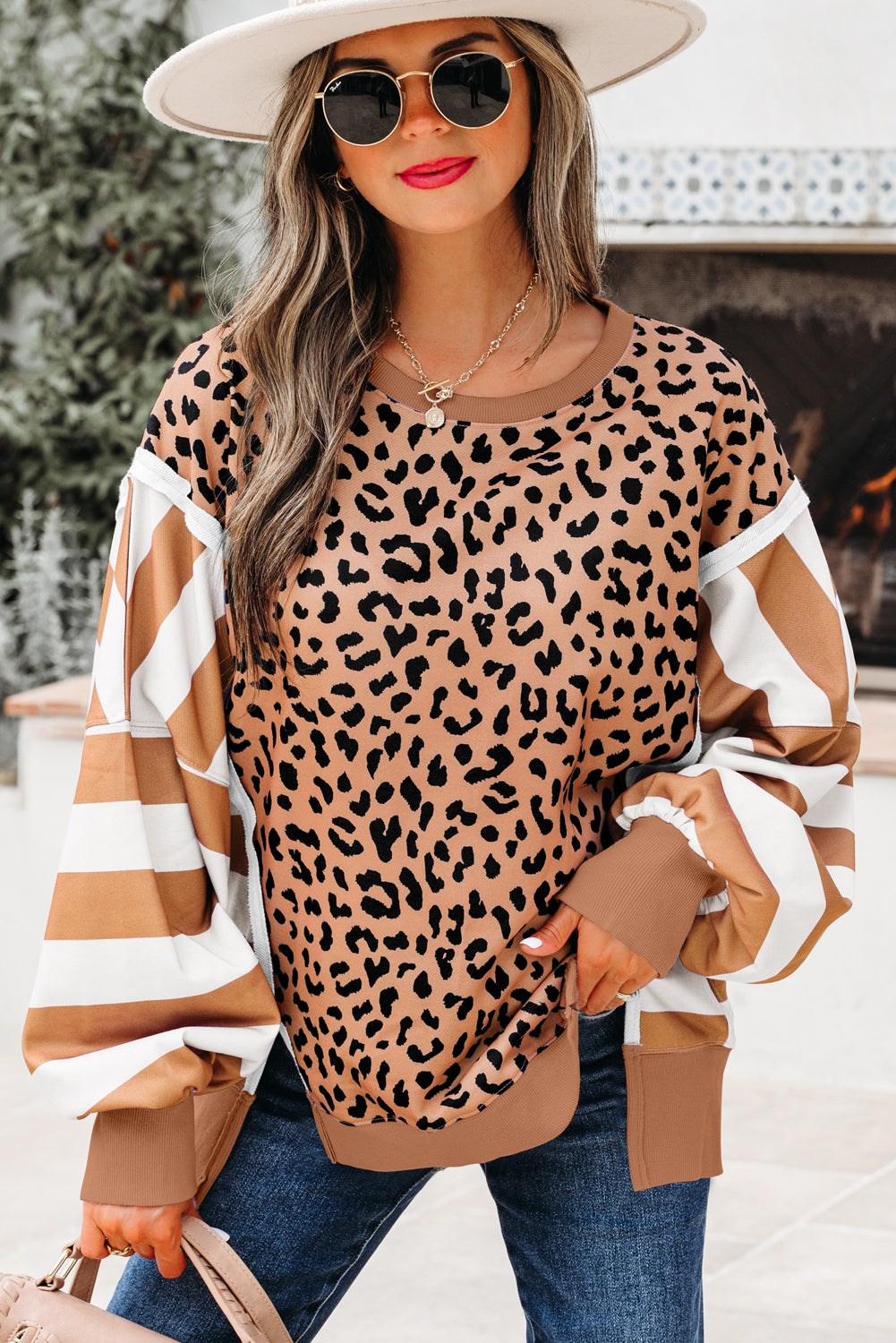 Purple Stripe Color Block Patchwork Leopard Casual Sweatshirt with Slits-Tops/Sweatshirts & Hoodies-[Adult]-[Female]-2022 Online Blue Zone Planet