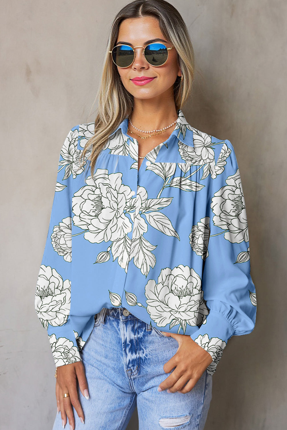 Sky Blue Floral Print Button Up Pleated Detail Puff Sleeve Shirt-Tops/Blouses & Shirts-[Adult]-[Female]-2022 Online Blue Zone Planet