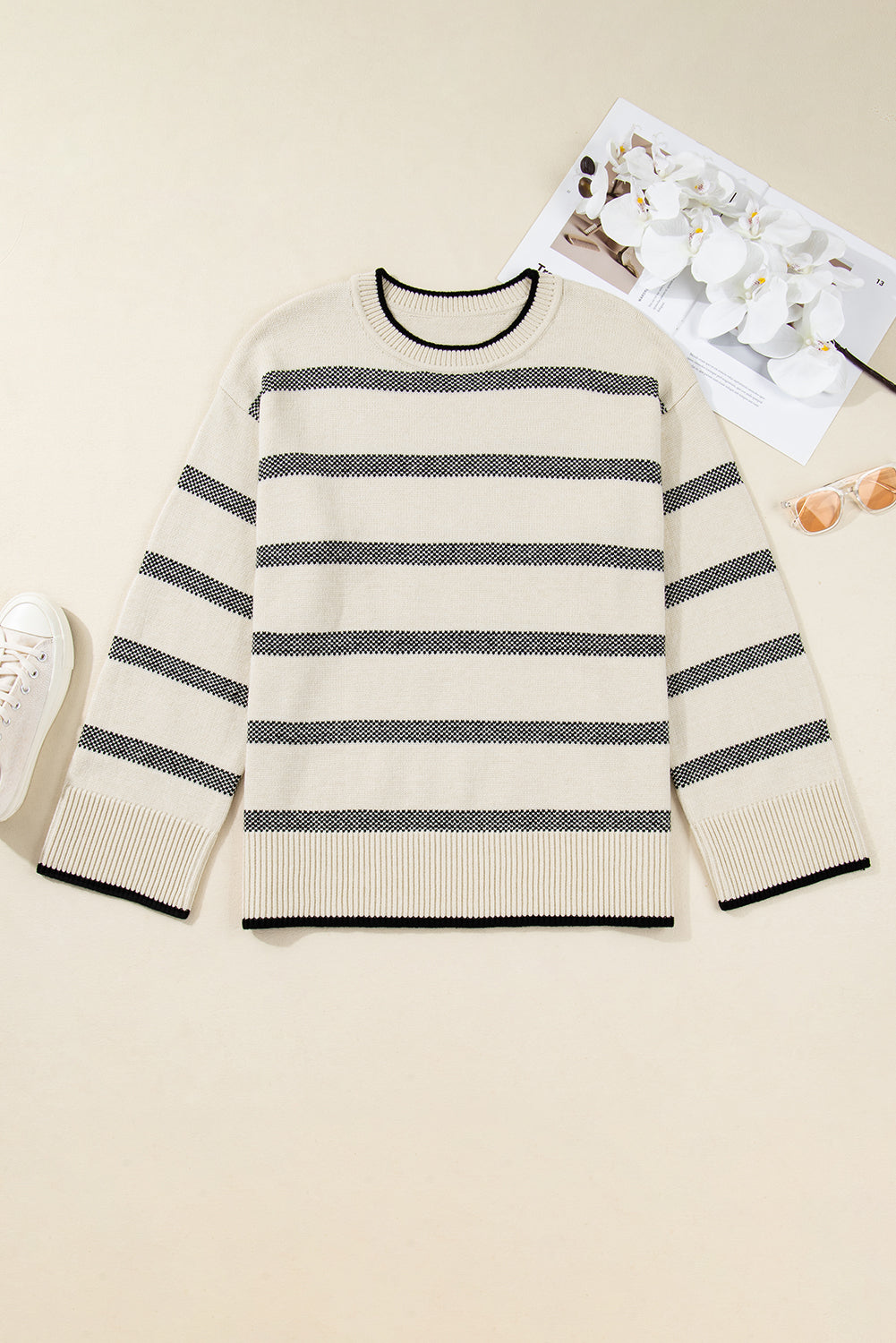 Apricot Stripe Wide Sleeve Drop Shoulder Crew Neck Plus Sweater-Sweaters & Cardigans/Sweaters-[Adult]-[Female]-Apricot Stripe-1X-2022 Online Blue Zone Planet