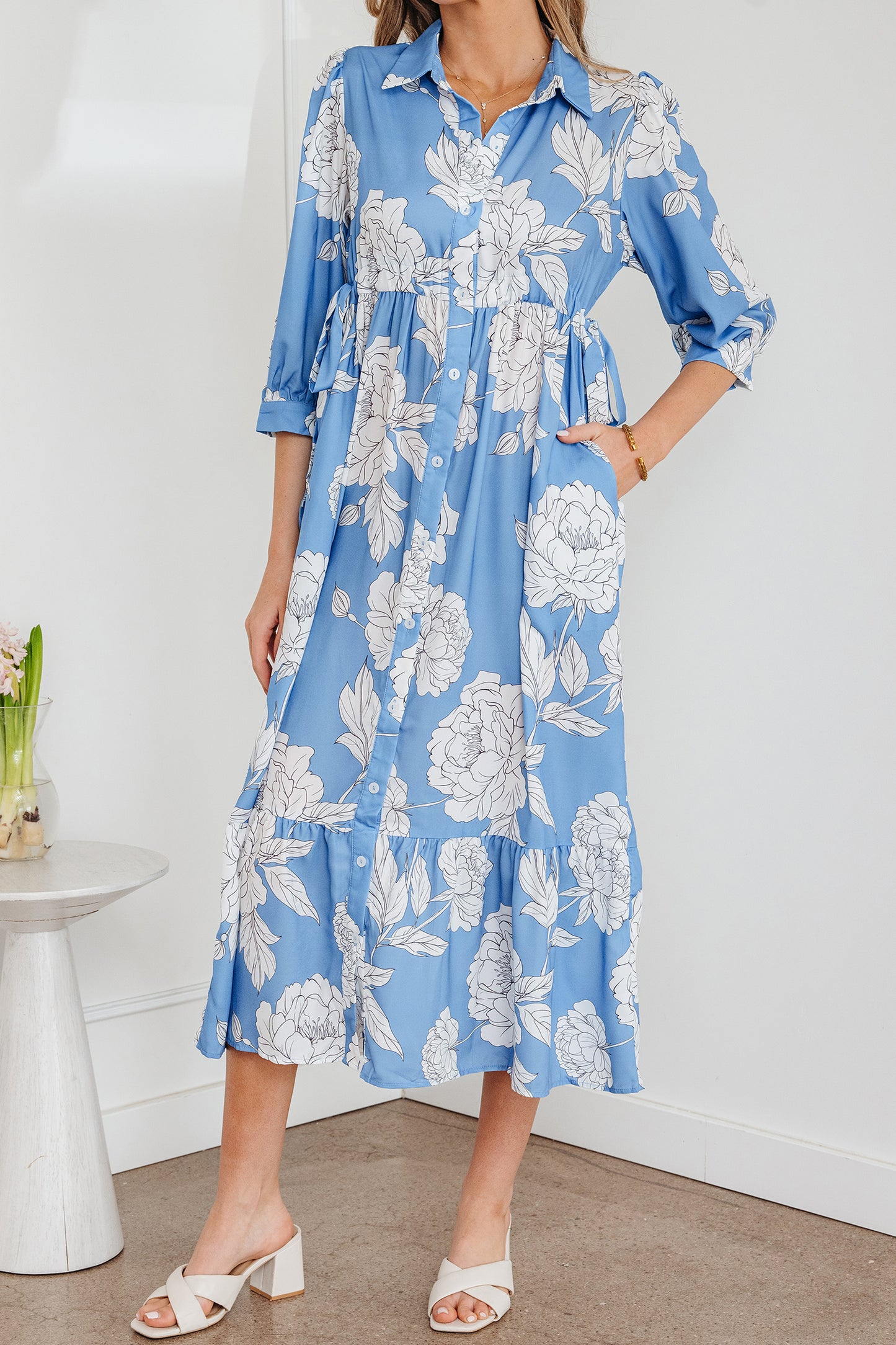 Sky Blue Floral Print Shirt Collar Button Down 3/4 Sleeve Ruffle Hem Long Dress-TOPS / DRESSES-[Adult]-[Female]-2022 Online Blue Zone Planet