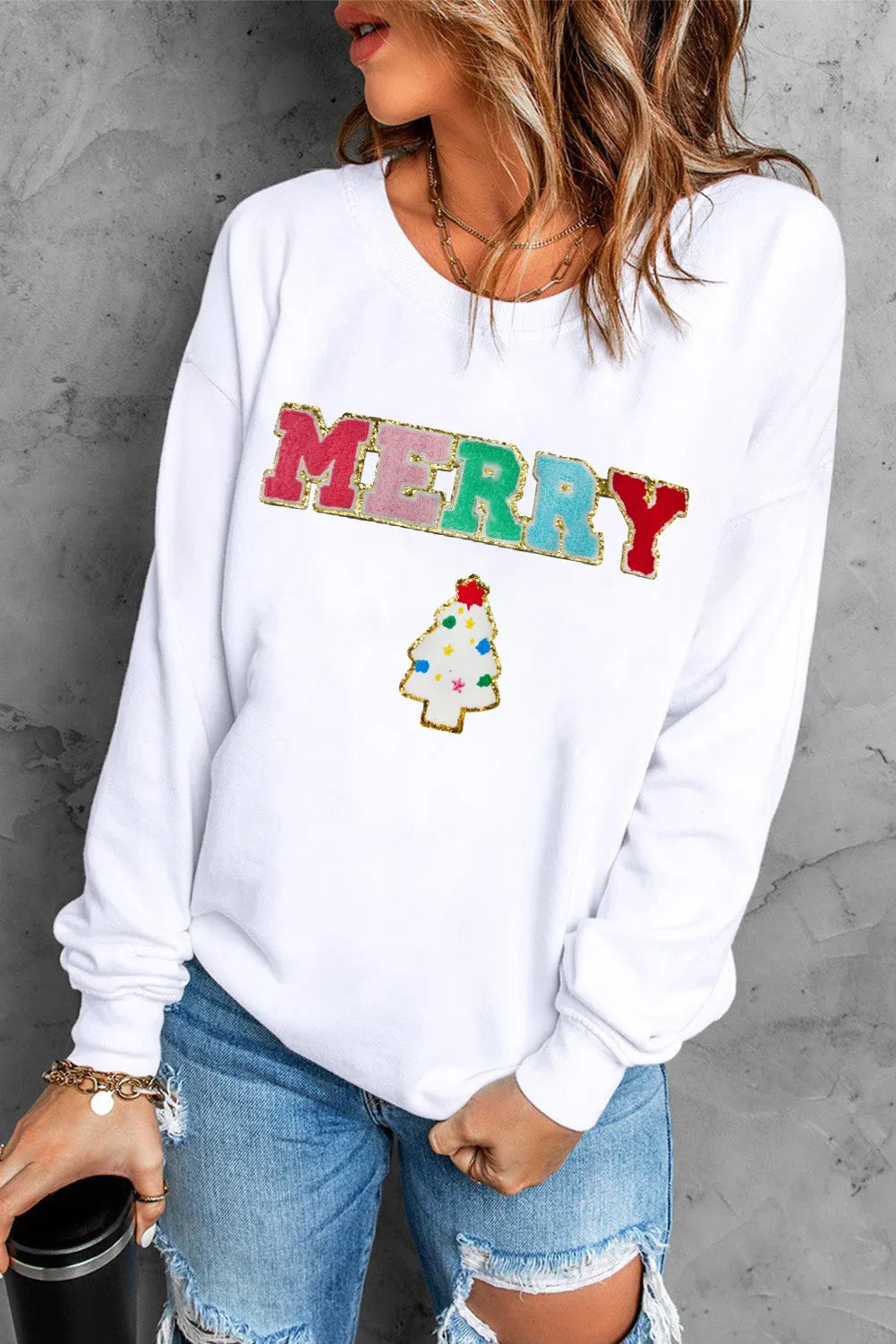 MERRY Round Neck Long Sleeve Sweatshirt-TOPS / DRESSES-[Adult]-[Female]-White-S-2022 Online Blue Zone Planet