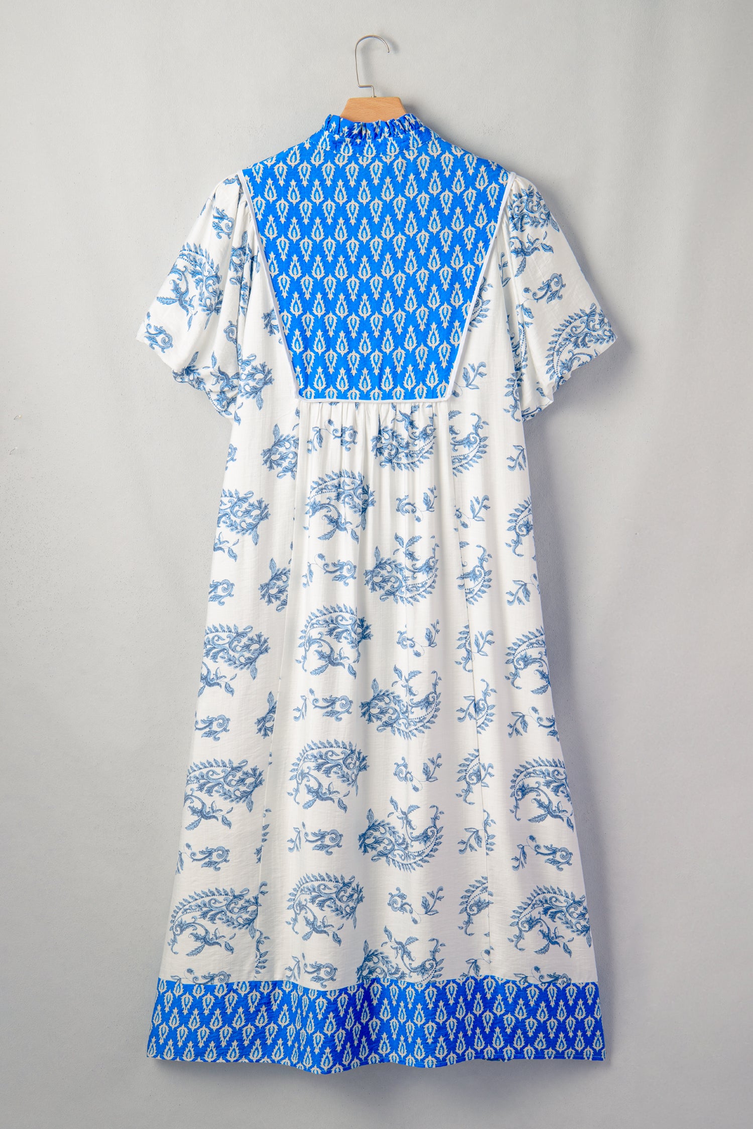 Sky Blue Plus Size Floral Print Contrast Boho Patchwork V Neck Loose Midi Dress-Plus Size/Plus Size Dresses/Plus Size Midi Dresses-[Adult]-[Female]-2022 Online Blue Zone Planet