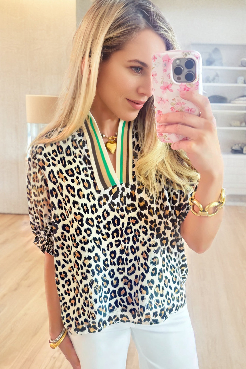 Khaki Leopard Color Block Contrast Striped V Neck Half Sleeve Loose Fit Blouse-Tops/Blouses & Shirts-[Adult]-[Female]-2022 Online Blue Zone Planet
