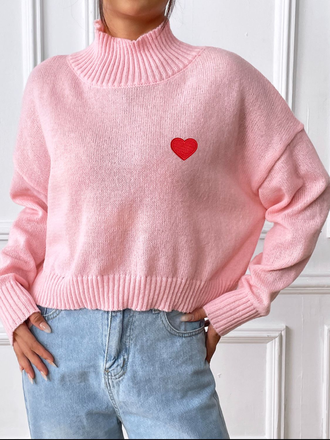 Blue Zone Planet | Heart Turtleneck Long Sleeve Sweater-TOPS / DRESSES-[Adult]-[Female]-Blush Pink-S-2022 Online Blue Zone Planet